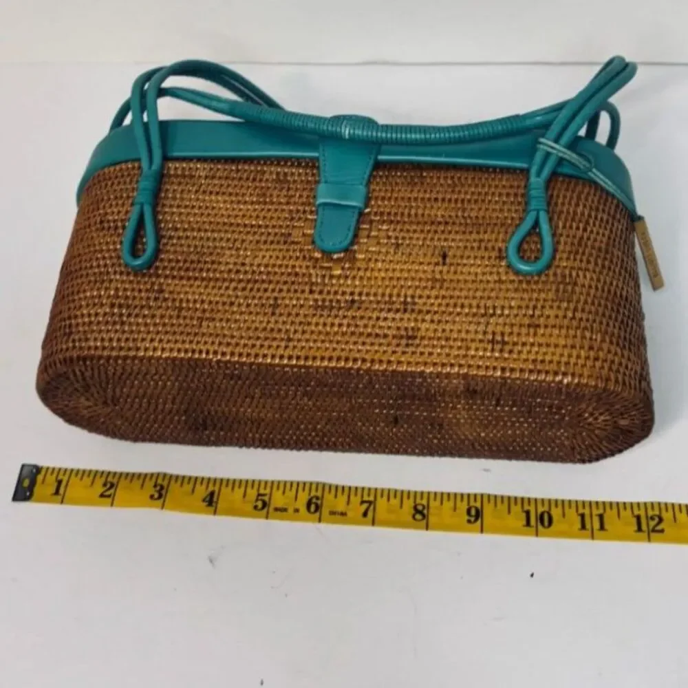 Elliot Lucca Woven Rattan Teal Leather Shoulder Bag Crossbody Handbag